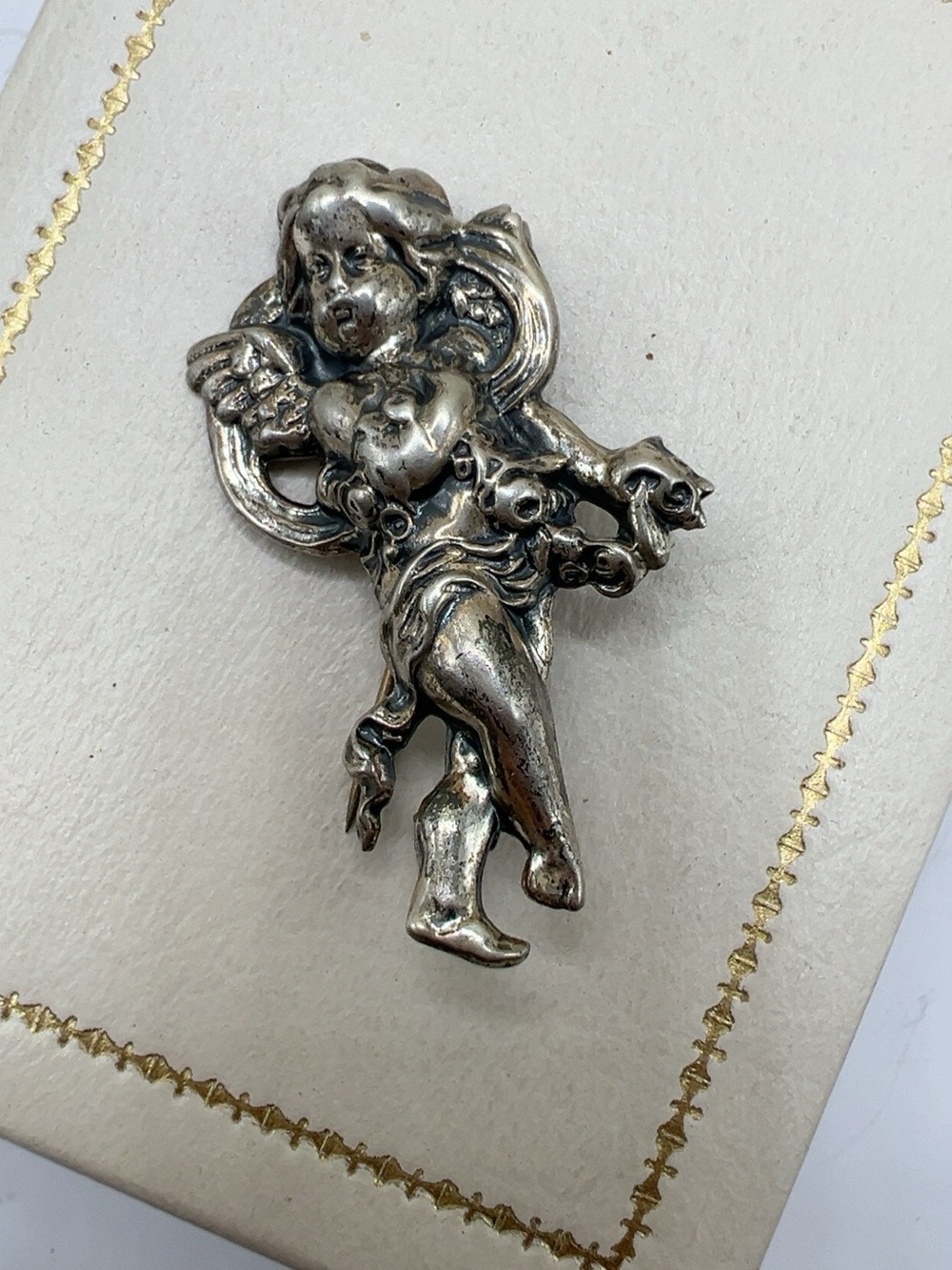 Antique Victorian Sterling Silver Cherub Putto Figural Brooch Angel Pin